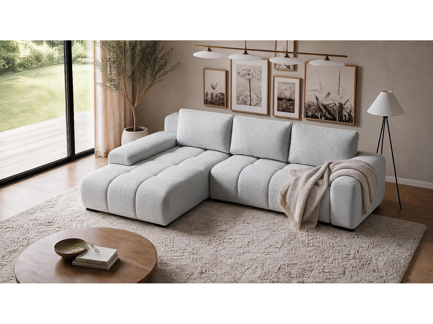 ECKSOFA Ovia mit Bettkasten und Schlaffunktion, Bouclé-Stoff in L-Form
