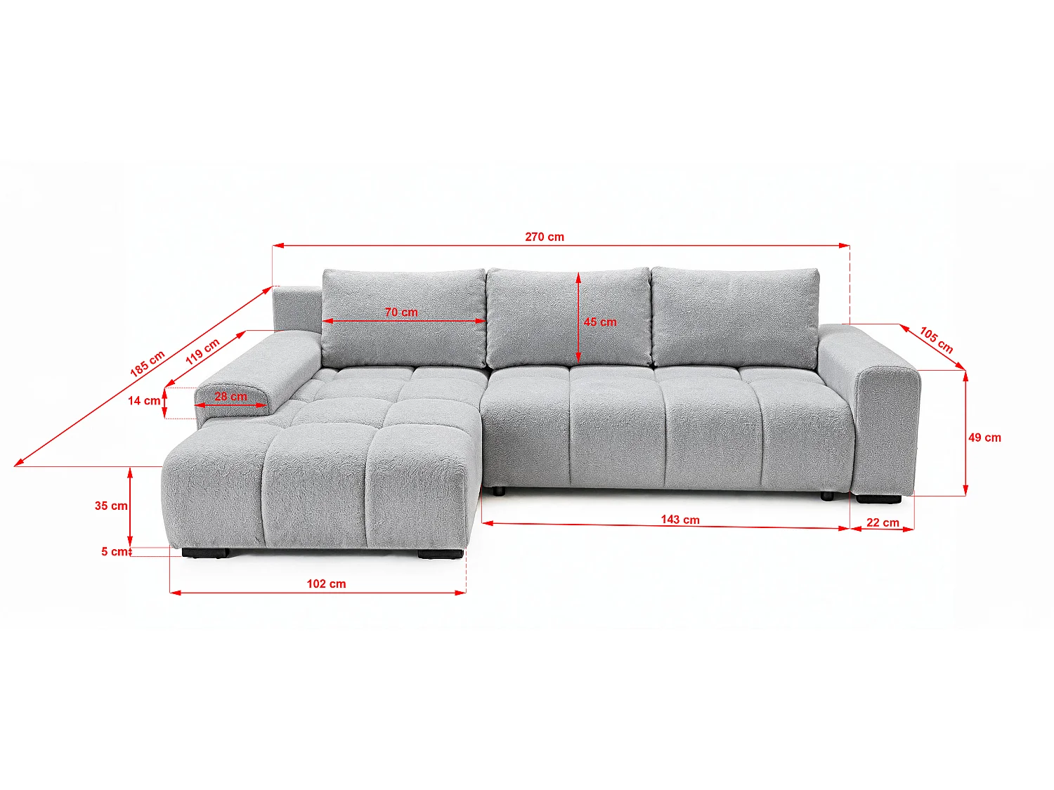 ECKSOFA Ovia mit Bettkasten und Schlaffunktion, Bouclé-Stoff in L-Form