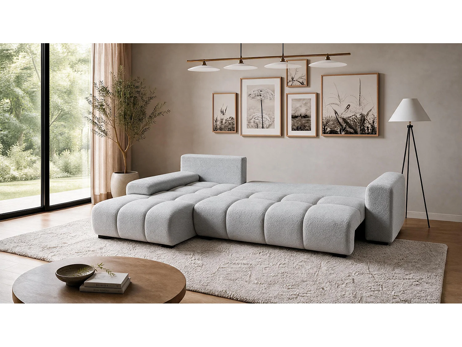 ECKSOFA Ovia mit Bettkasten und Schlaffunktion, Bouclé-Stoff in L-Form