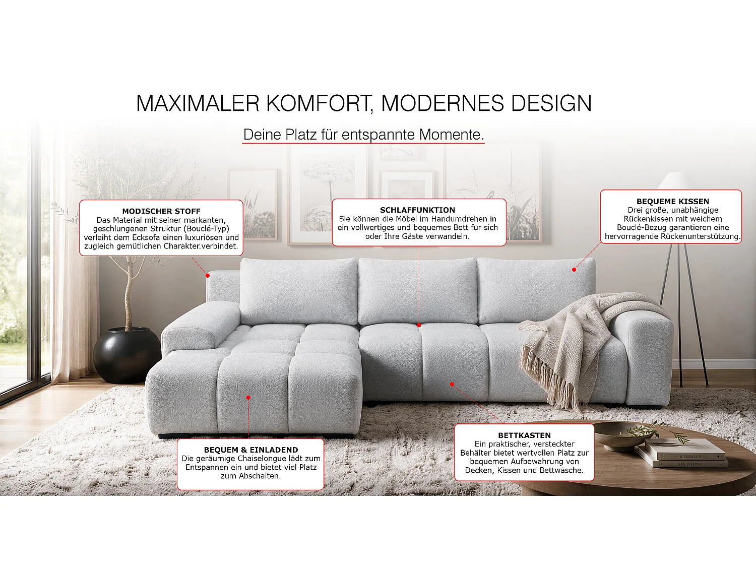 ECKSOFA Ovia mit Bettkasten und Schlaffunktion, Bouclé-Stoff in L-Form