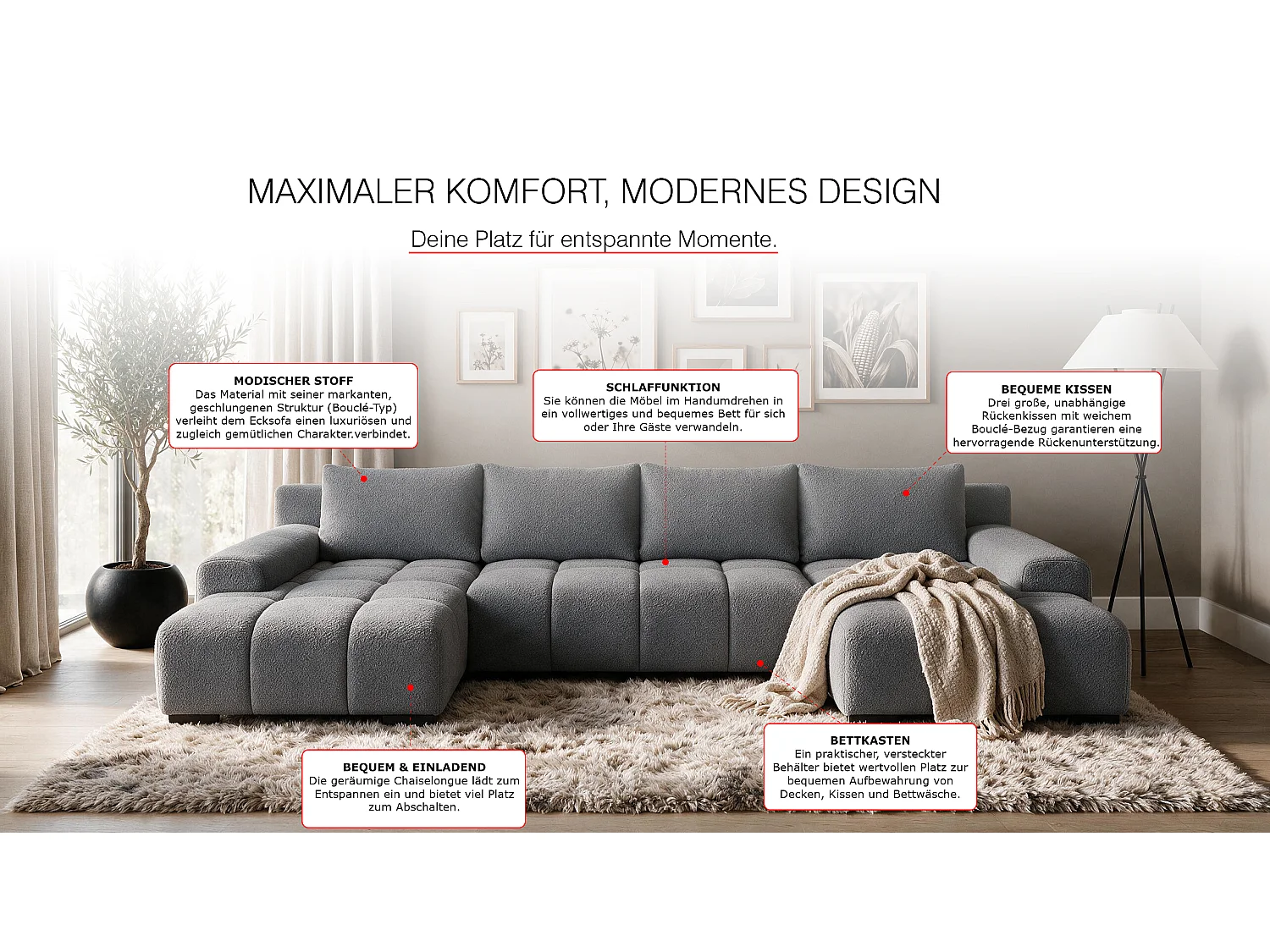 WOHNLANDSCHAFT OVIA U mit Bettkasten und Schlaffunktion, Bouclé-Stoff in U-Form
