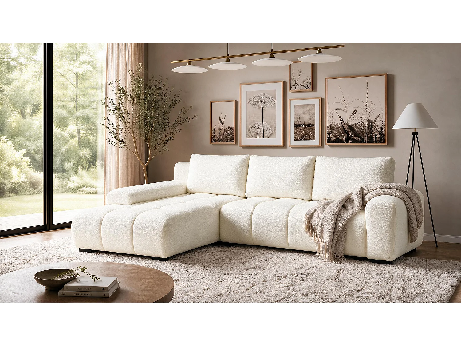 ECKSOFA Ovia mit Bettkasten und Schlaffunktion, Bouclé-Stoff in L-Form