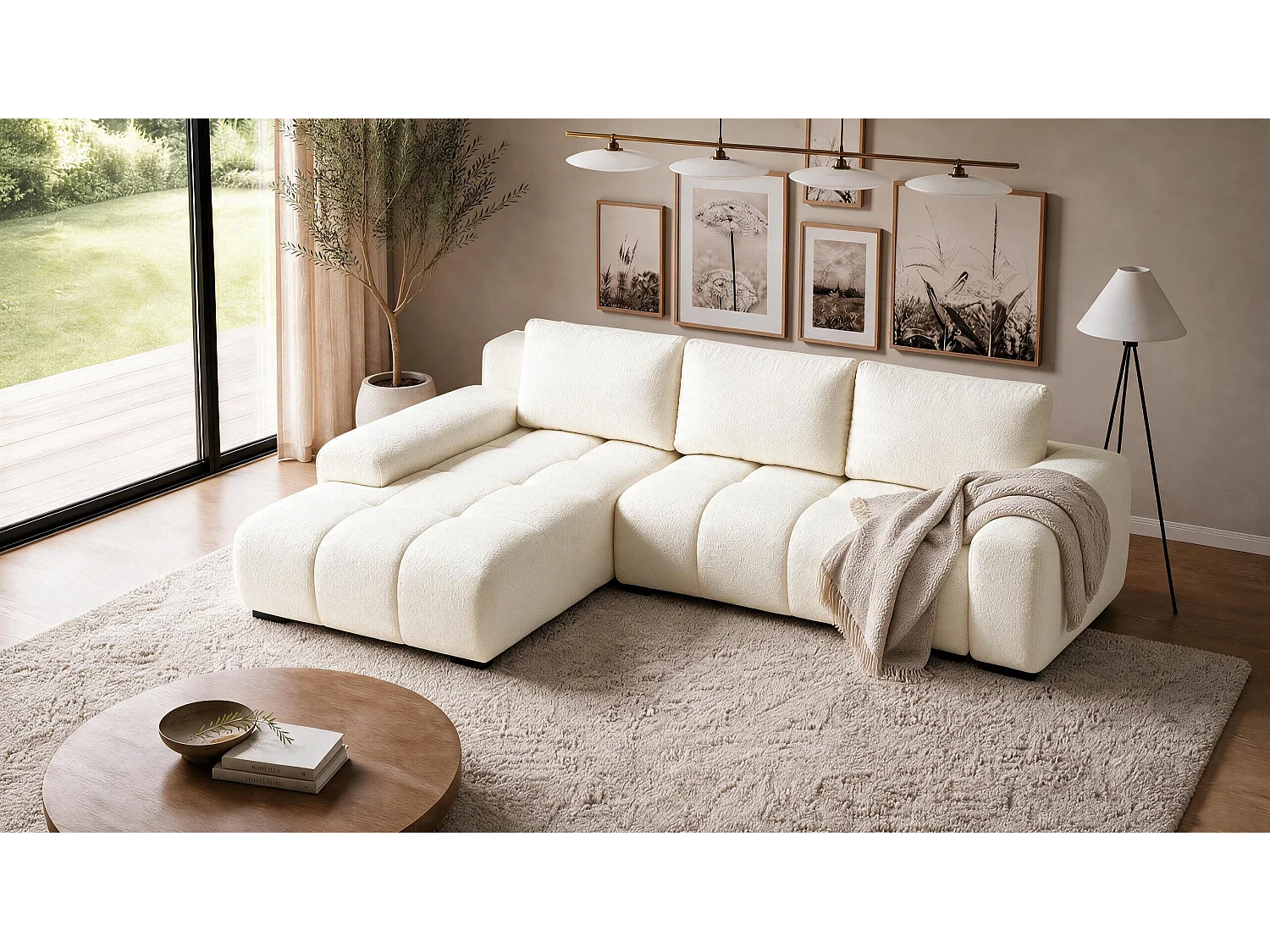 ECKSOFA Ovia mit Bettkasten und Schlaffunktion, Bouclé-Stoff in L-Form