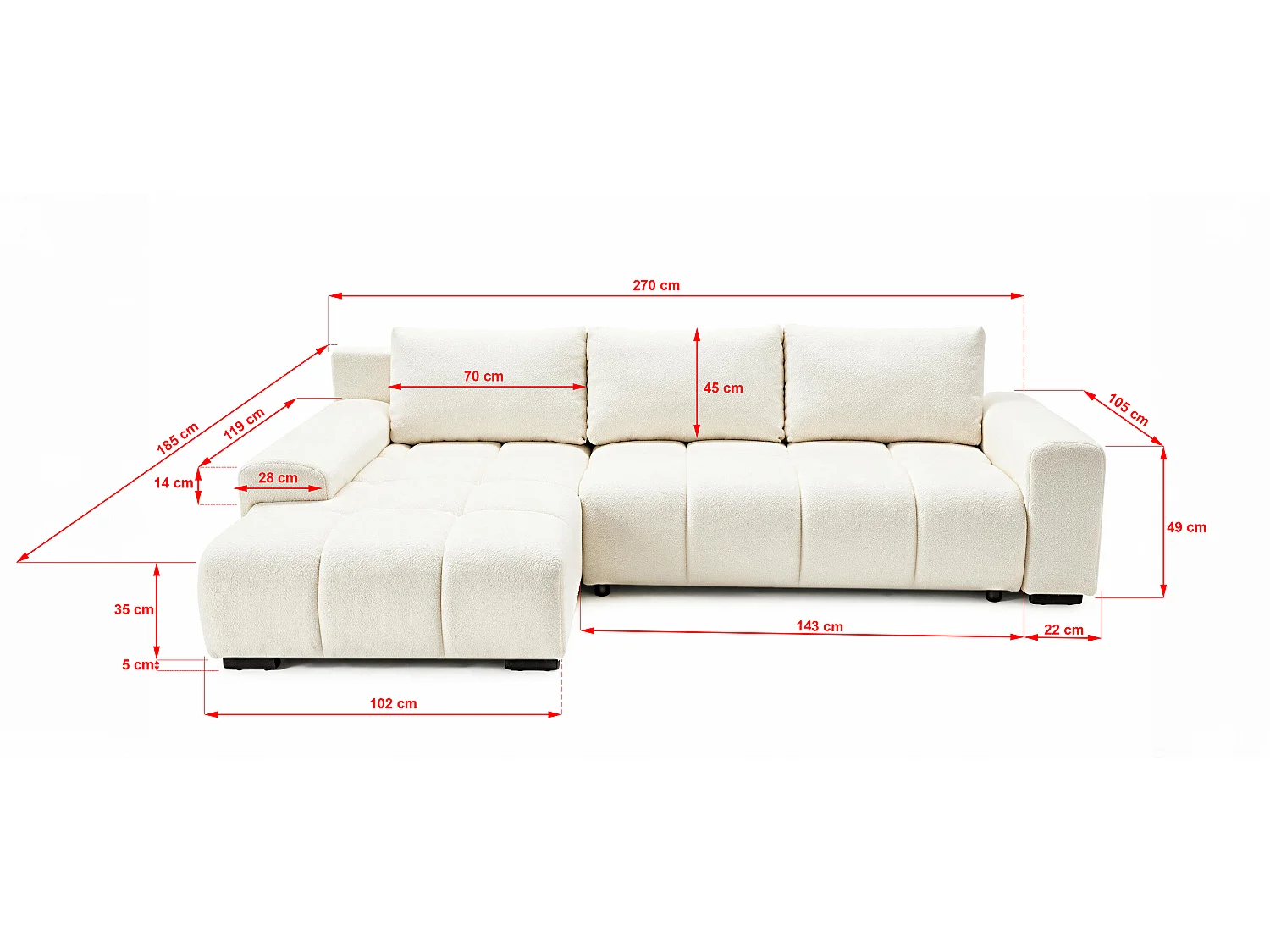 ECKSOFA Ovia mit Bettkasten und Schlaffunktion, Bouclé-Stoff in L-Form