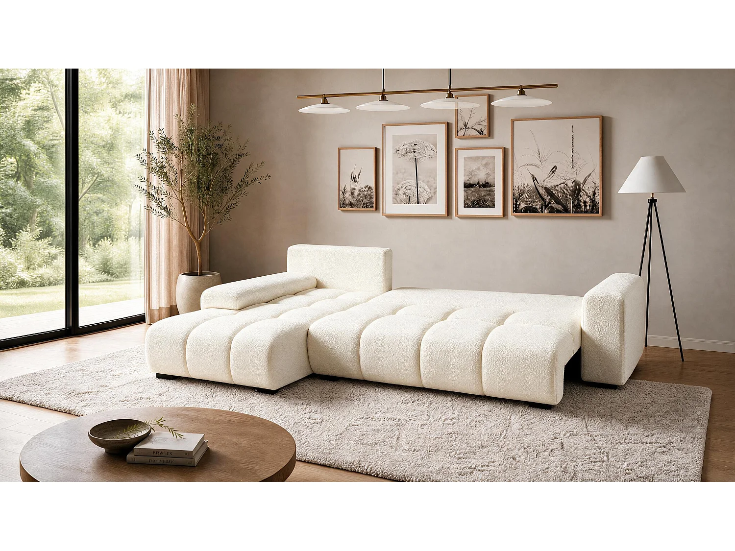 ECKSOFA Ovia mit Bettkasten und Schlaffunktion, Bouclé-Stoff in L-Form