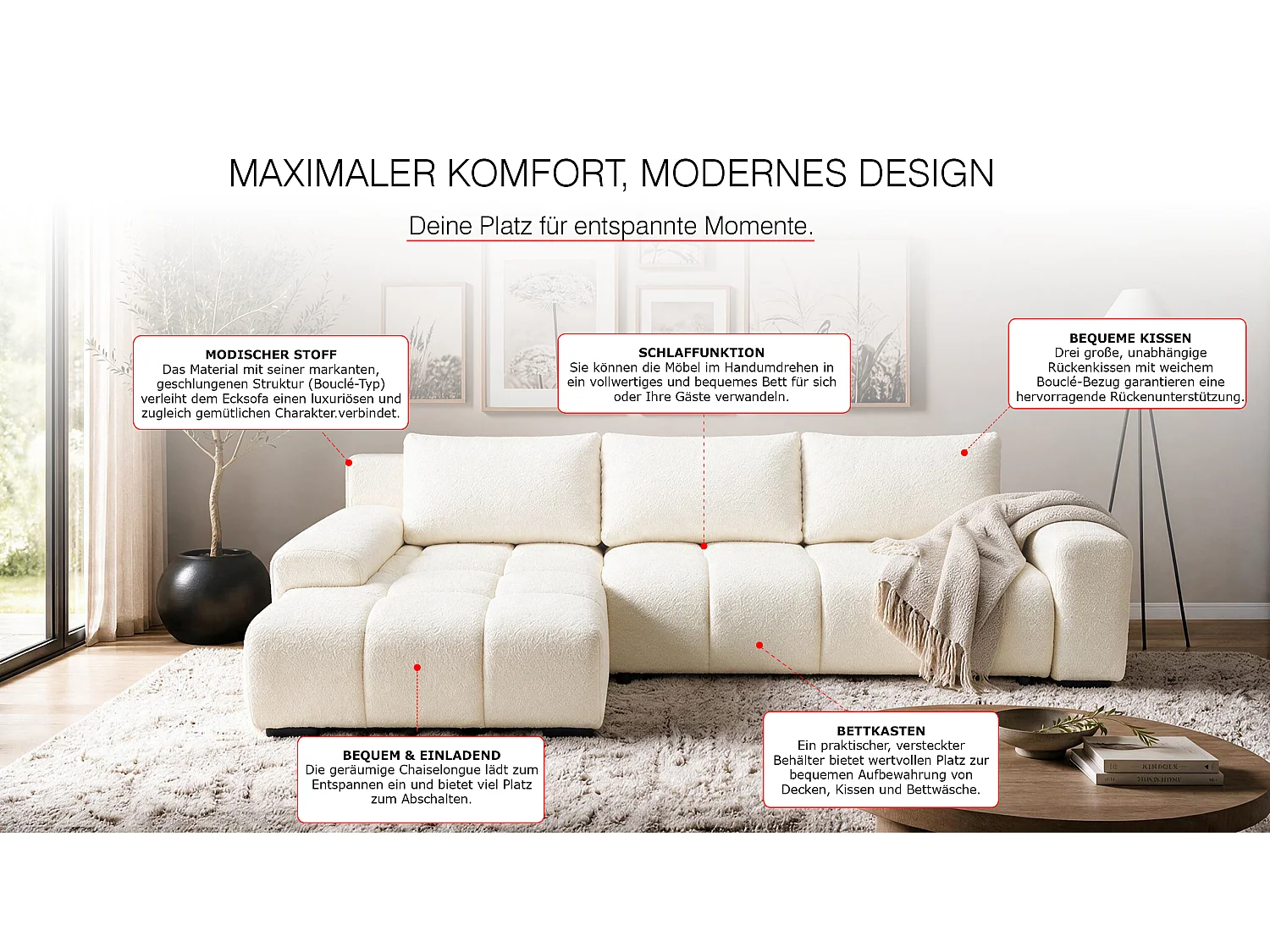 ECKSOFA Ovia mit Bettkasten und Schlaffunktion, Bouclé-Stoff in L-Form