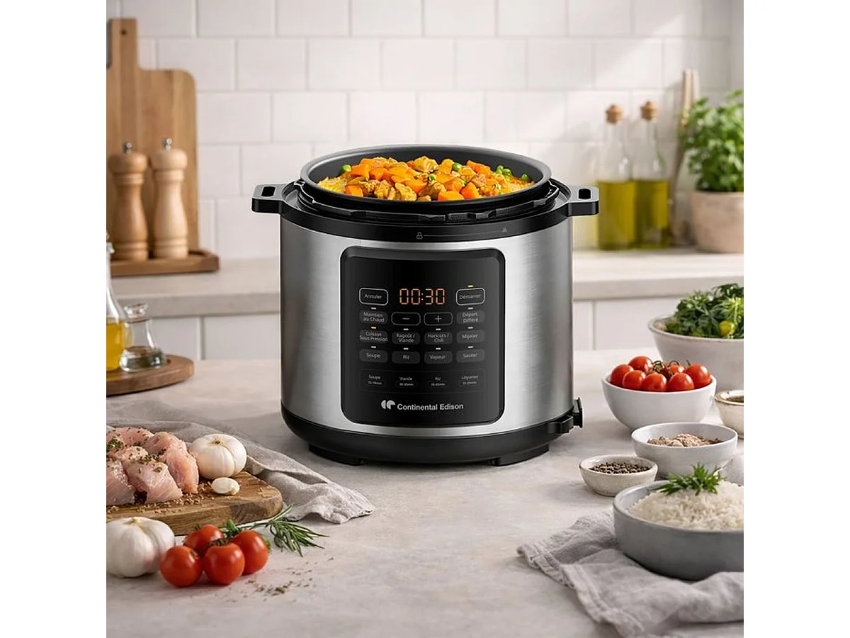 Continental Edison CEMCSP10006L 6L Elektrische Multicooker 1000W, Zwart & Roestvrij Staal