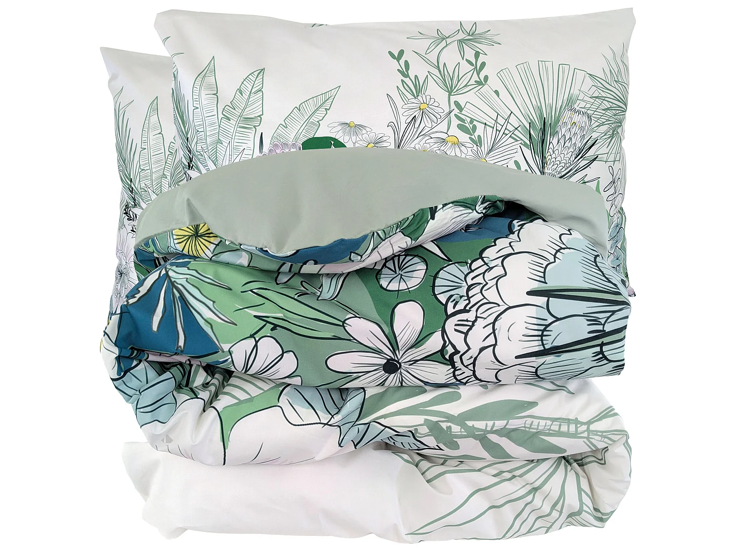 Parure de lit 260x240 cm 50x70 cm percale de coton BALI motif floral vert