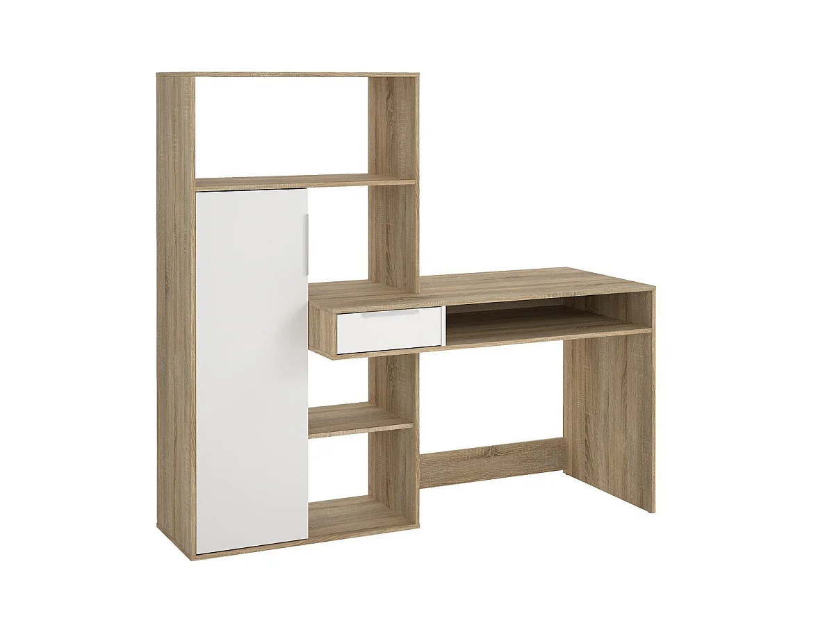 Schreibtisch mit 1 Schublade, 1 Tür, 5 Fächer Eiche Dekor und weiß B162,8 cm – FUNCTION