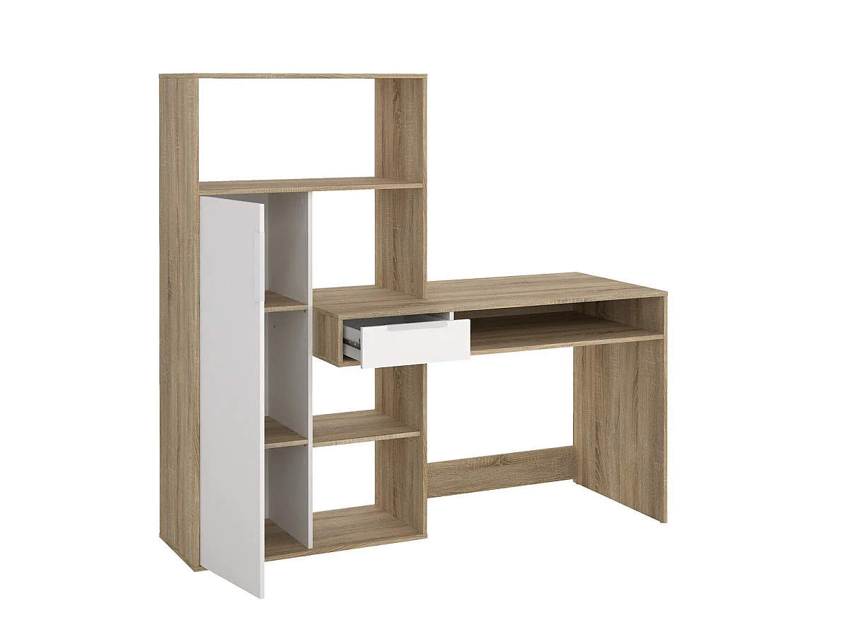 Schreibtisch mit 1 Schublade, 1 Tür, 5 Fächer Eiche Dekor und weiß B162,8 cm – FUNCTION