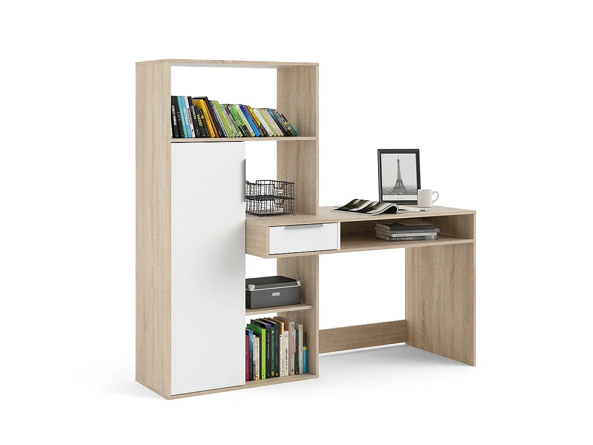 Schreibtisch mit 1 Schublade, 1 Tür, 5 Fächer Eiche Dekor und weiß B162,8 cm – FUNCTION