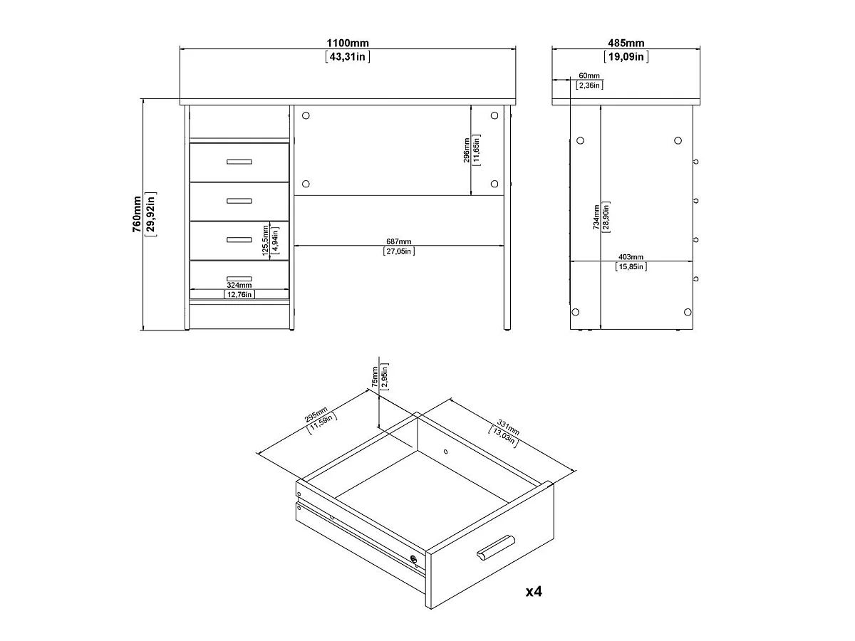 Bureau 4 tiroirs L110 cm - FUNCTION