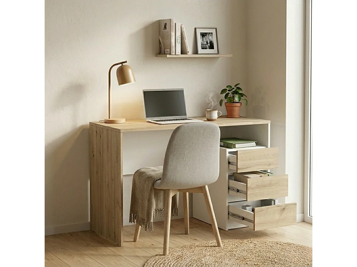 Modern 3-Drawer Desk L117 cm - SIERRA White & Oak Finish Design