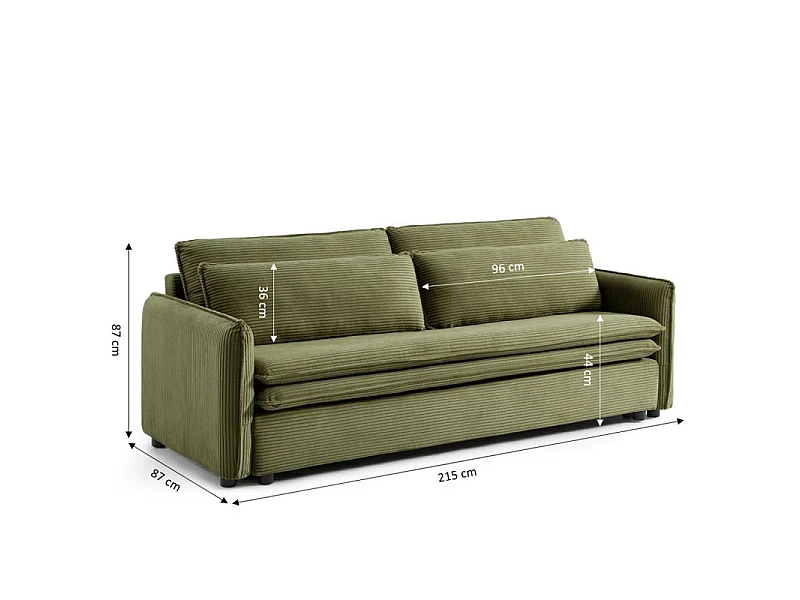 Canapé droit convertible velours côtelé 3 places vert BOHEME