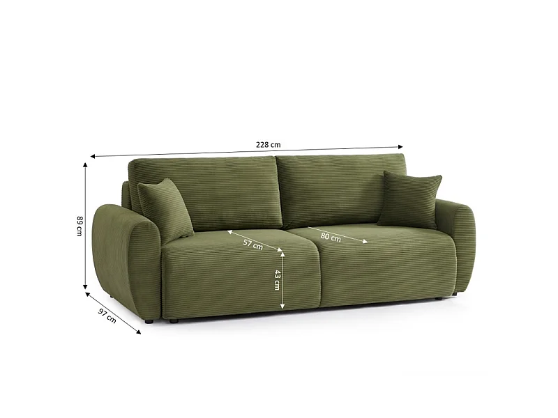 Canapé droit convertible velours côtelé 3 places vert KALYS