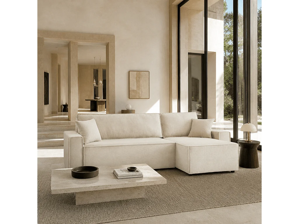 Canapé d'angle convertible réversible velours côtelé 4 places beige IOLITE