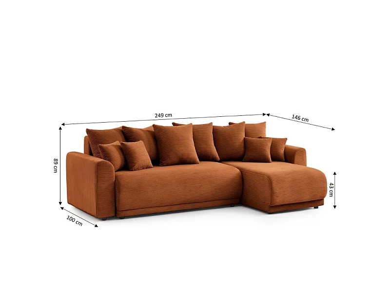 Canapé d'angle convertible réversible velours côtelé 4 places terracotta ELVYN