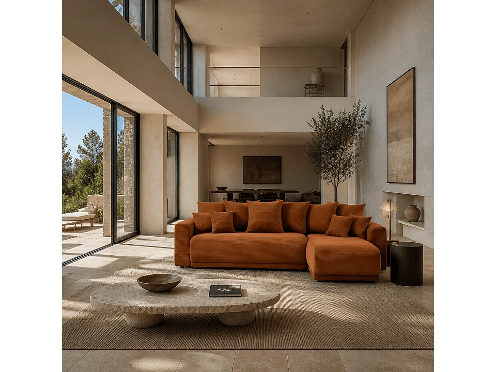 Canapé d'angle convertible réversible velours côtelé 4 places terracotta ELVYN