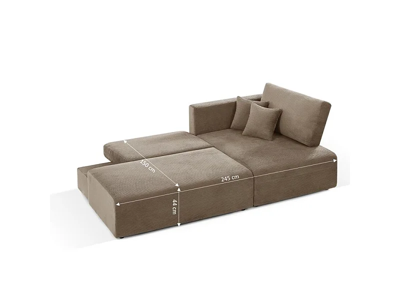 Canapé d'angle droit ouvert convertible velours côtelé 4 places taupe KALYS