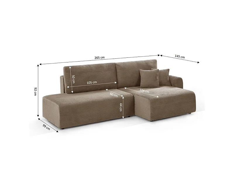 Canapé d'angle droit ouvert convertible velours côtelé 4 places taupe KALYS