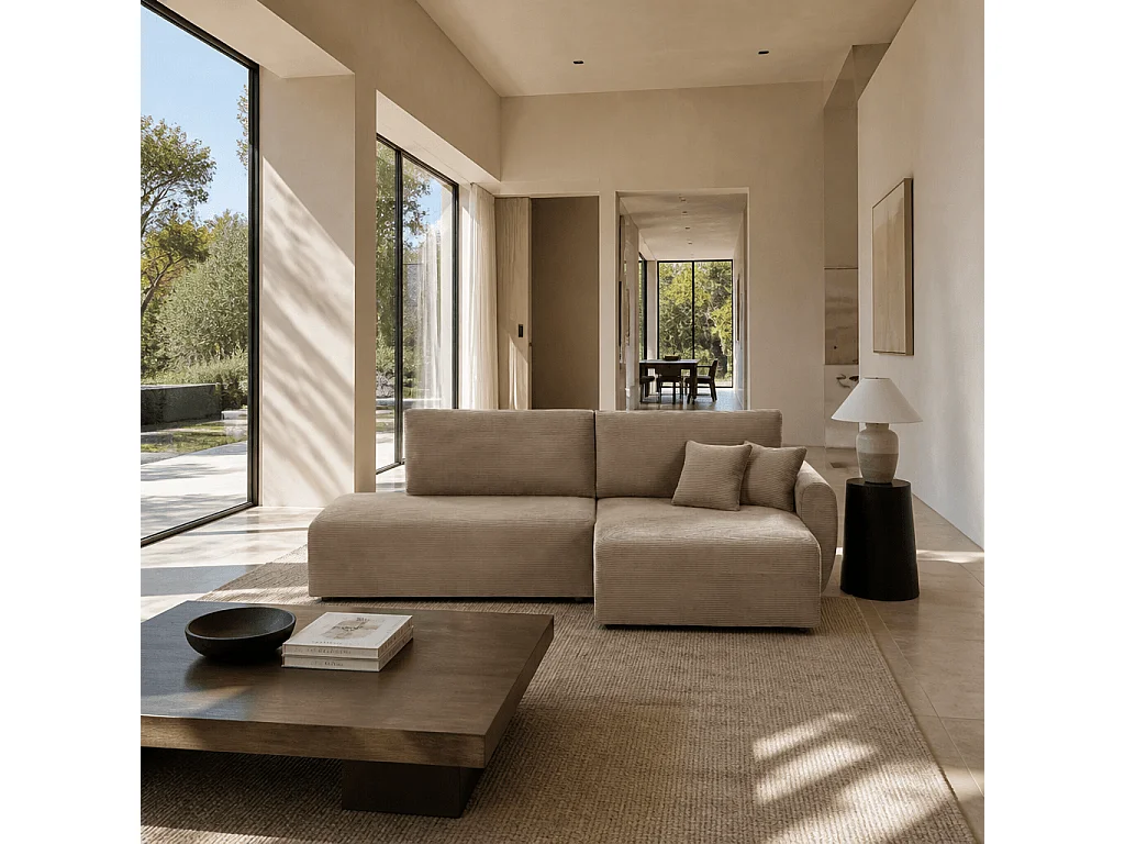 Canapé d'angle droit ouvert convertible velours côtelé 4 places taupe KALYS