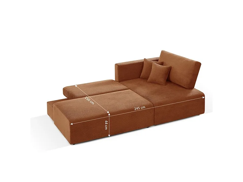 Canapé d'angle droit ouvert convertible velours côtelé 4 places terracotta KALYS