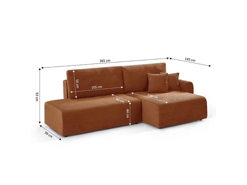 Canapé d'angle droit ouvert convertible velours côtelé 4 places terracotta KALYS
