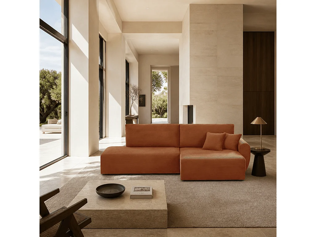 Canapé d'angle droit ouvert convertible velours côtelé 4 places terracotta KALYS