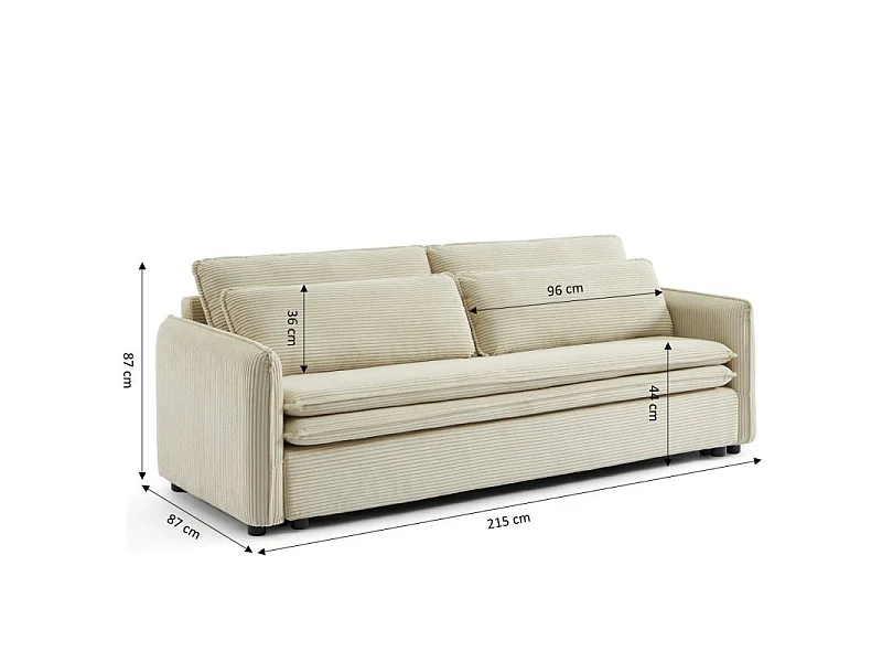 Canapé droit convertible velours côtelé 3 places beige BOHEME