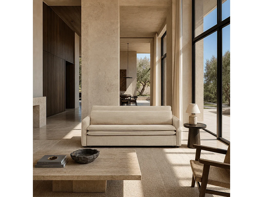 Canapé droit convertible velours côtelé 3 places beige BOHEME
