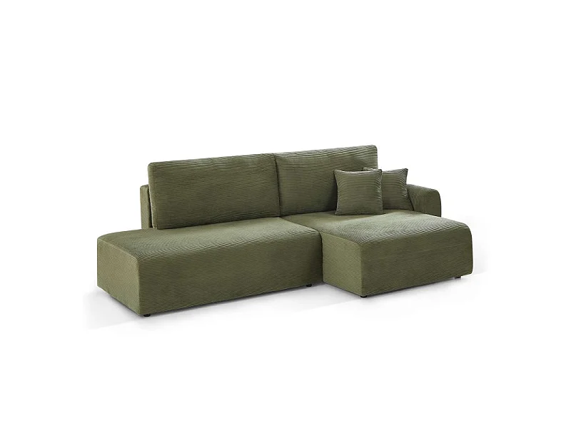 Canapé d'angle droit ouvert convertible velours côtelé 4 places vert KALYS