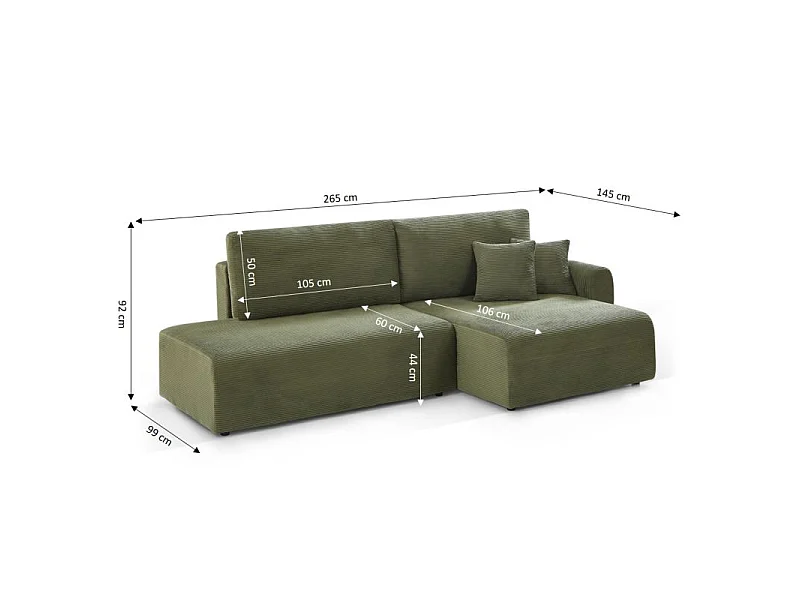 Canapé d'angle droit ouvert convertible velours côtelé 4 places vert KALYS