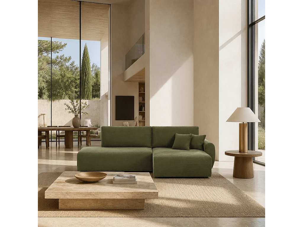 Canapé d'angle droit ouvert convertible velours côtelé 4 places vert KALYS