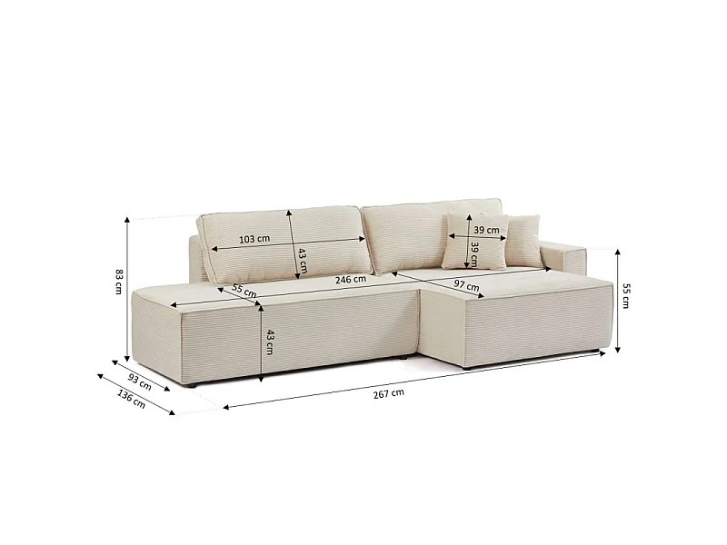 Canapé d'angle droit ouvert convertible velours côtelé 4 places beige IOLITE