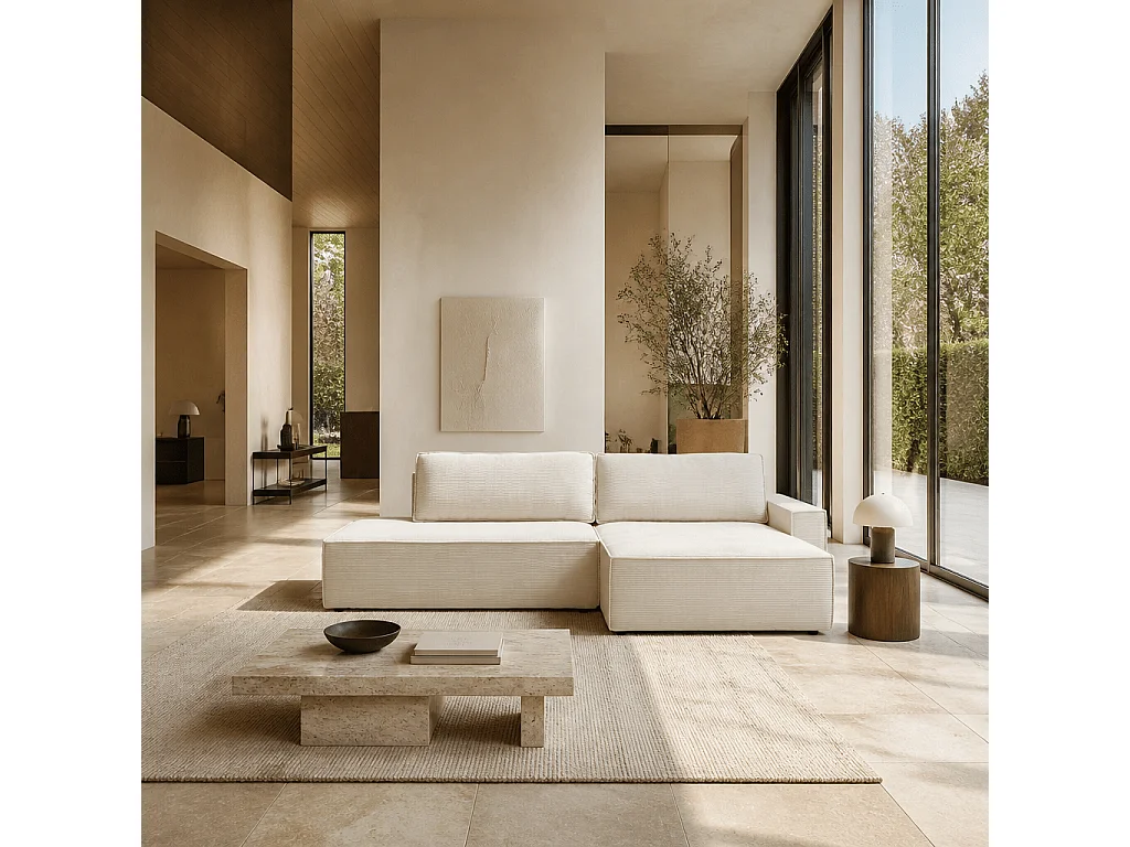Canapé d'angle droit ouvert convertible velours côtelé 4 places beige IOLITE