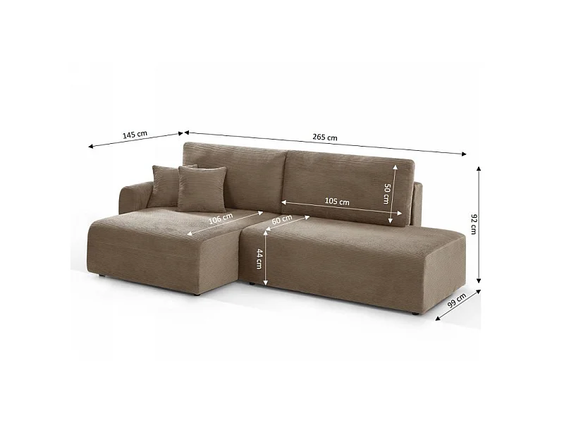 Canapé d'angle gauche ouvert convertible velours côtelé 4 places taupe KALYS