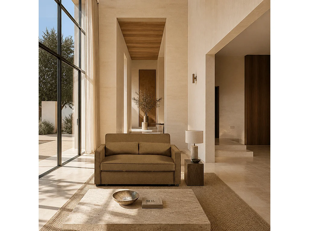 Canapé droit convertible tissu 2 places marron ALIZE