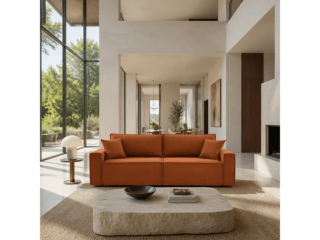 Canapé droit convertible velours côtelé 3 places terracotta IOLITE