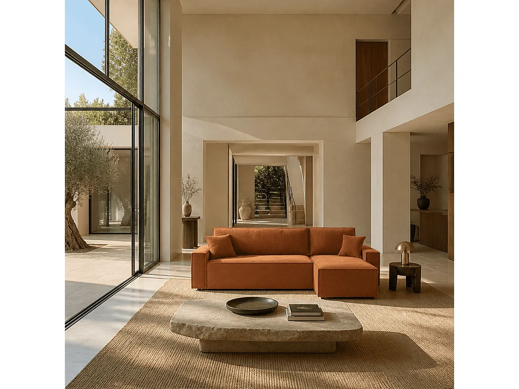 Canapé d'angle convertible réversible velours côtelé 4 places terracotta IOLITE
