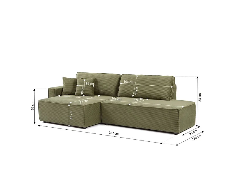 Canapé d'angle gauche ouvert convertible velours côtelé 4 places vert IOLITE
