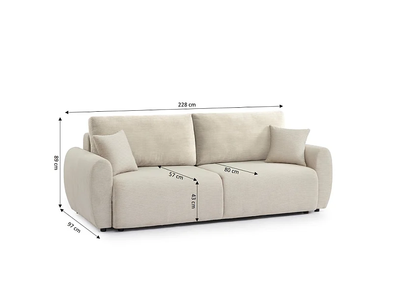 Canapé droit convertible velours côtelé 3 places beige KALYS