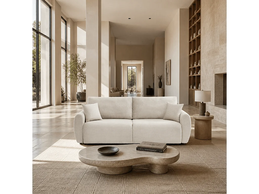 Canapé droit convertible velours côtelé 3 places beige KALYS