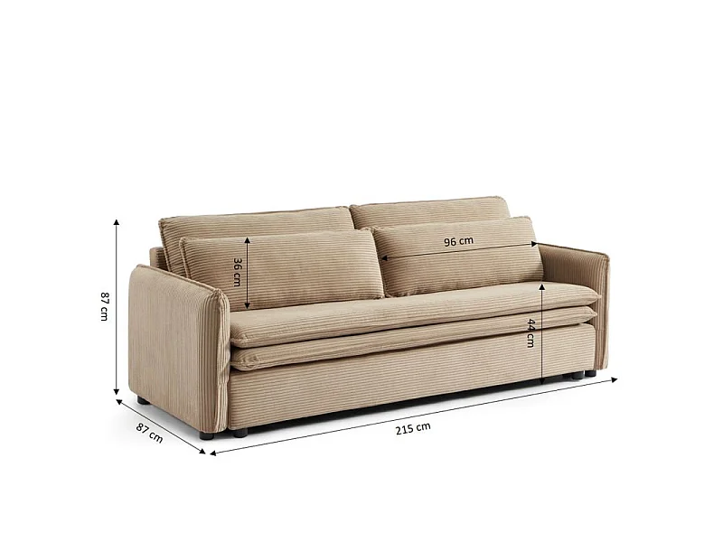 Canapé droit convertible velours côtelé 3 places taupe BOHEME