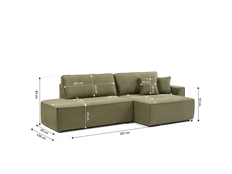 Canapé d'angle droit ouvert convertible velours côtelé 4 places vert IOLITE
