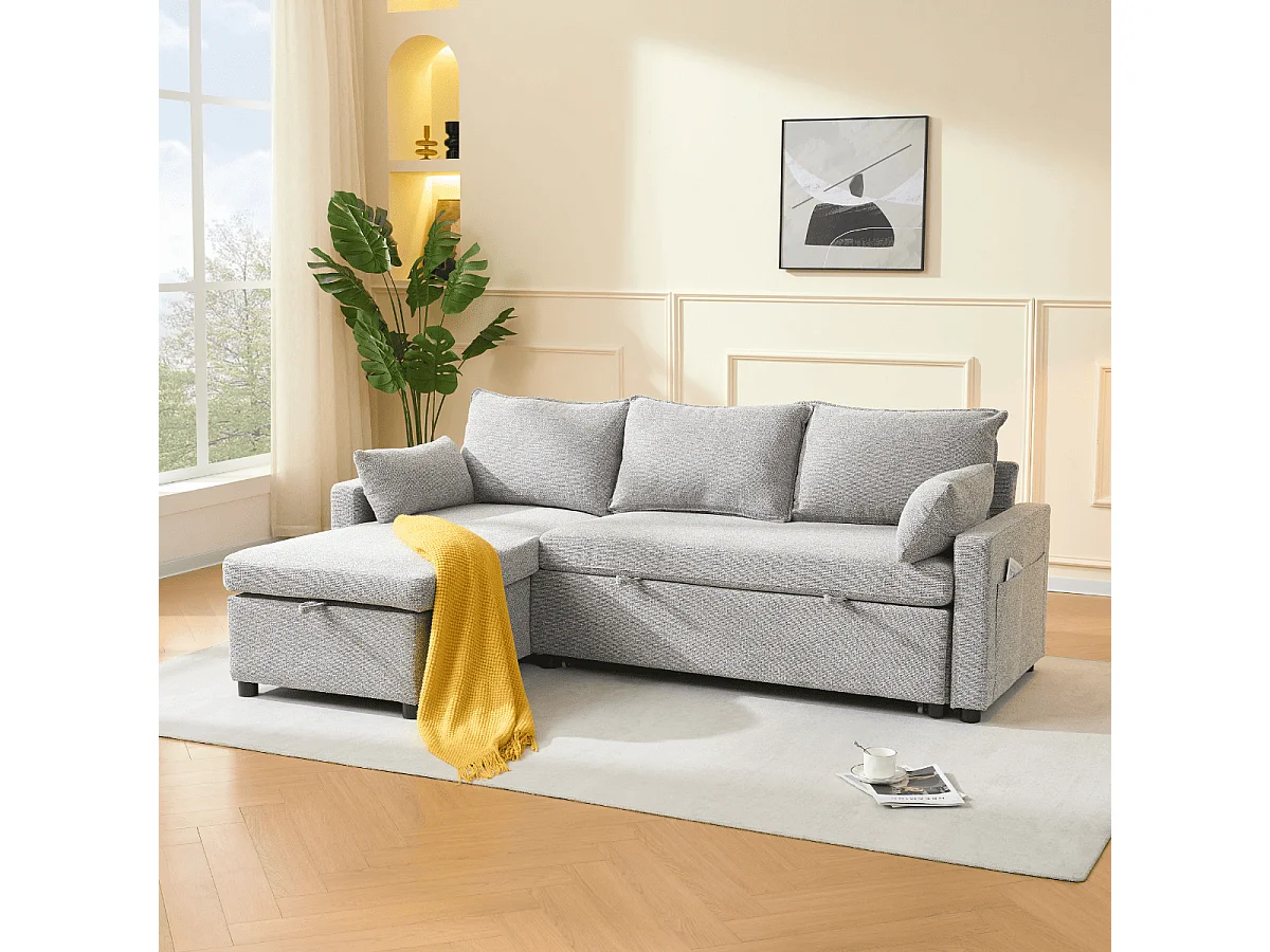 3-osobowa rozkładana sofa w tkaninie z szezlongiem, szerokość 219 cm - LOUISON