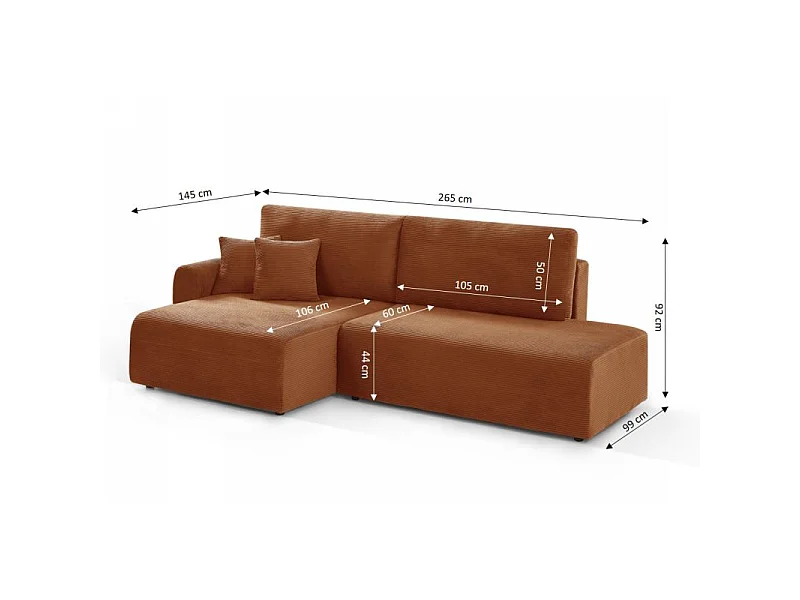 Canapé d'angle gauche ouvert convertible velours côtelé 4 places terracotta KALYS