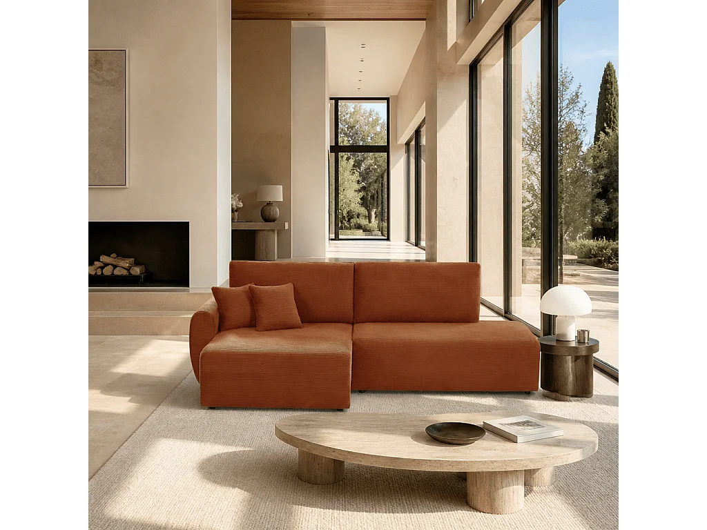 Canapé d'angle gauche ouvert convertible velours côtelé 4 places terracotta KALYS