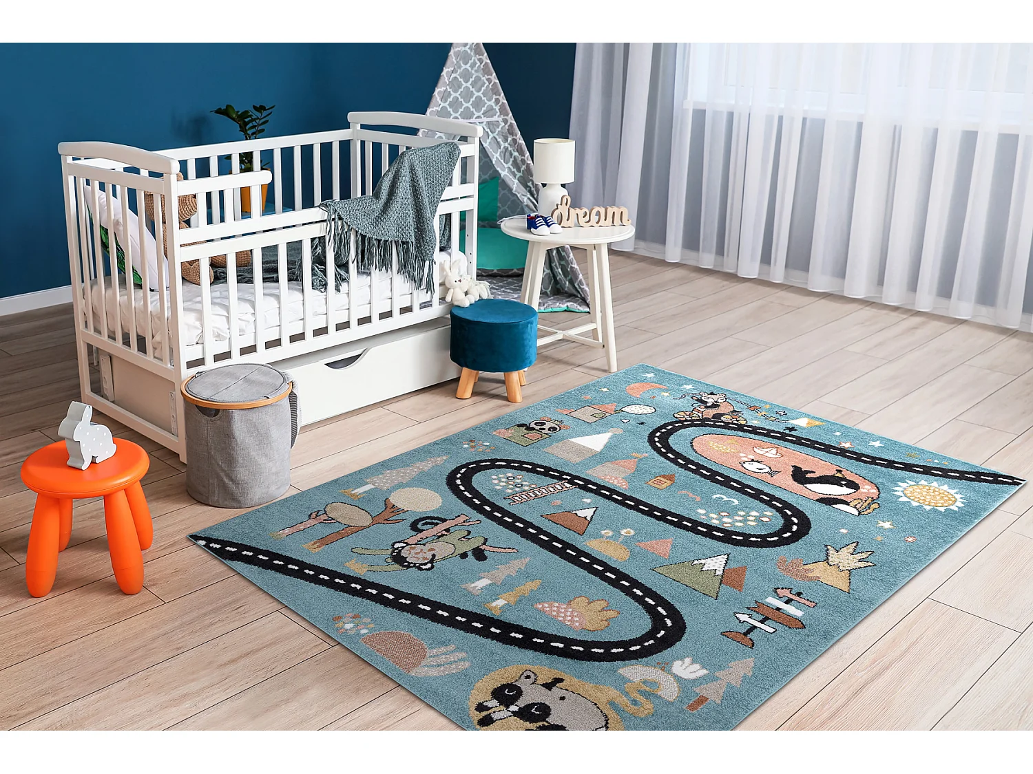 Tapis FUN Route pour enfants, rue, animaux bleu 140x190 cm
