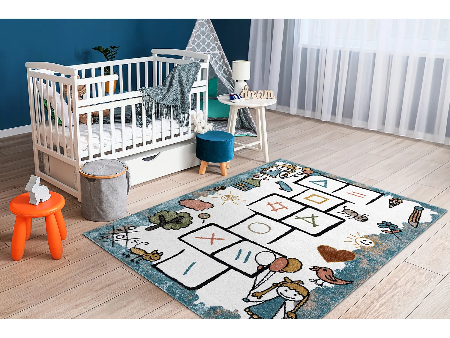 Tapijt FUN Hop voor kinderen, klassikaal spel, dieren blauw 240x330 cm