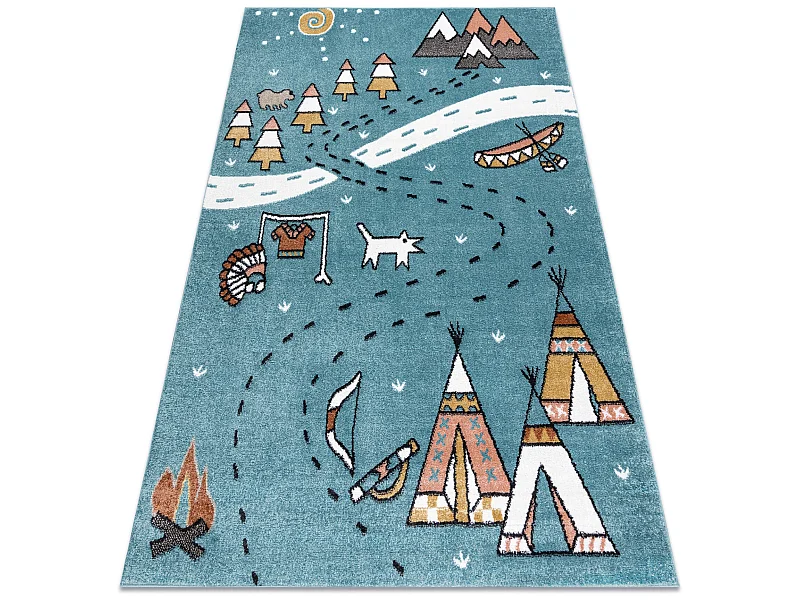 Alfombra FUN Indian para niños, Pueblo indio, animales azul  80x150 cm